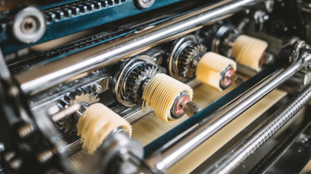 Discover the intricate details of an industrial pasta machine, showcasing the craftsmanship and technology behind fresh pasta production in a modern culinary setting.の素材