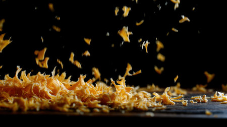 A visually captivating image of finely shredded cheese cascading onto a dark wooden surface, highlighting the artistry of food preparation and the allure of gourmet cooking.の素材