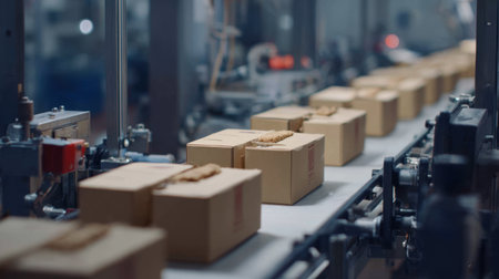 Close-up view of an automated conveyor belt in a manufacturing facility showcasing the streamlined movement of cardboard boxes through an efficient packaging process.の素材