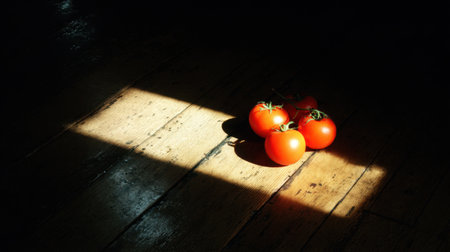A striking composition of red tomatoes on a wooden floor illuminated by soft light, highlighting the textures and colors, perfect for culinary themes or food-related projects.の素材