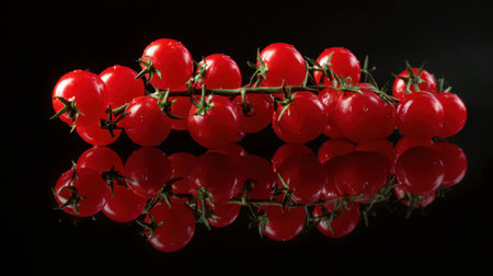 A stunning arrangement of fresh cherry tomatoes on a dark reflective surface, highlighting their rich red color and natural beauty, perfect for culinary projects and healthy recipes.の素材