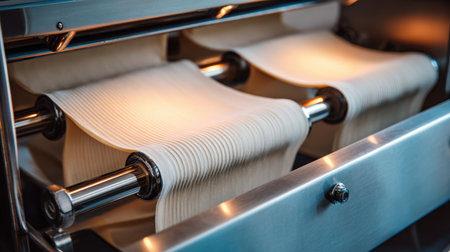 Closeup view of an industrial food processing machine featuring smooth rolling dough sheets, highlighting technological advancement in modern kitchen environments for culinary professionals.の素材