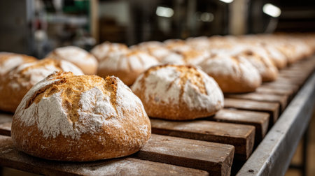 A captivating scene featuring freshly baked artisan bread loaves resting on a wooden rack, highlighting their golden crust and inviting warmth, ideal for food enthusiasts.の素材