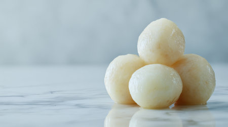 A simple yet elegant presentation of sweet dumplings on a smooth surface, capturing their soft texture and delightful appearance in soft natural light, perfect for culinary enthusiasts.の素材