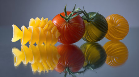 A visually striking arrangement of colorful pasta and artisan tomatoes reflects beautifully on a glossy surface, perfect for culinary art and food styling.の素材