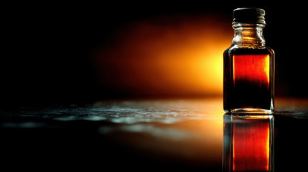 A striking glass bottle filled with a dark liquid stands majestically, reflecting soft light against a dark backdrop, evoking an elegant and mysterious atmosphere perfect for artistic themes.の素材