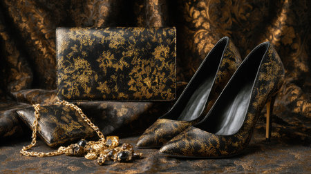 Discover the elegance of black and gold high heels paired with a stylish clutch on a beautifully patterned fabric, ideal for fashion photography and luxury dの素材