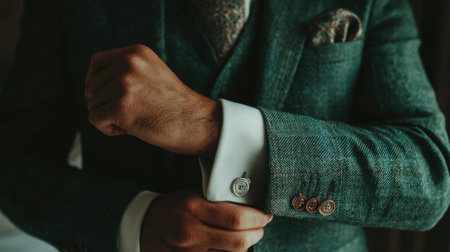 A stylish man adjusts his cufflinks while wearing a green suit, capturing a moment of sophistication and elegance before a formal event or wedding celebration.の素材