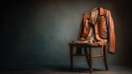 A vintage brown leather jacket elegantly draped over a rustic wooden chair, set against a softly focused background that enhances the warm tones and craftsmanship of the jacket.の素材