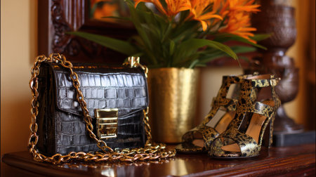 This captivating image showcases an elegant handbag and chic heels beside a vibrant floral arrangement, creating a stylish atmosphere perfect for fashion and lifestyle inspirations.の素材