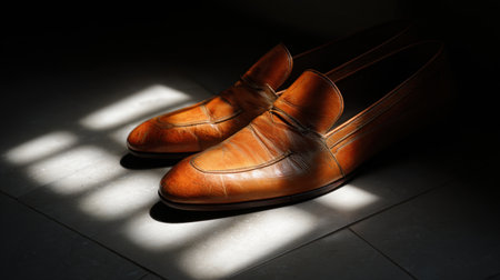 A pair of elegant brown leather loafers resting on a dark surface, beautifully illuminated by soft lighting that highlights their rich texture and exquisite craftsmanship.の素材