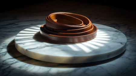 A stylish brown leather strap elegantly rolled on a marble surface, surrounded by soft lighting and striking shadows that enhance the minimalist beauty of the composition.の素材