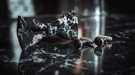A striking black and white bow tie paired with cufflinks resting on a marble surface, showcasing elegance and sophistication for formal events and fashion statements.の素材