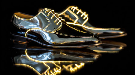 Captivating image of elegant black formal shoes featuring a glossy finish and striking light reflections, ideal for showcasing luxury fashion and sophisticated style.の素材