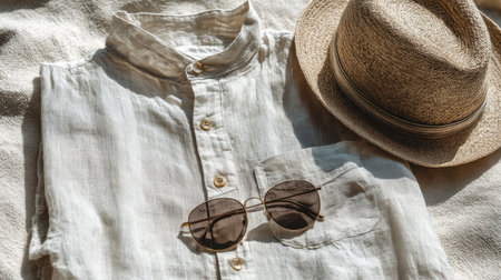 Stylish summer attire featuring a linen shirt, round sunglasses, and a straw hat, all beautifully arranged on a soft background, ideal for beach or vacation aesthetics.の素材