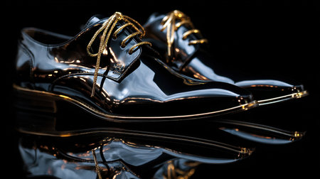 Stylish black dress shoes feature a glossy finish, golden laces, and a reflective surface, ideal for classy occasions and high fashion photography.の素材