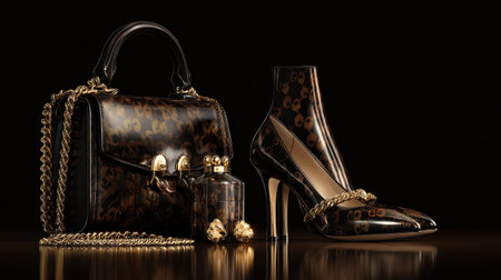 A stunning composition showcases a luxurious handbag, high-heeled boot, and a designer perfume bottle, designed to evoke sophistication and elegance in fashion marketing.の素材