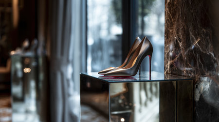 A pair of elegant metallic high heels showcased on a glass table in a chic environment, illuminated by soft lighting, perfect for fashion enthusiasts and stylish decor lovers.の素材
