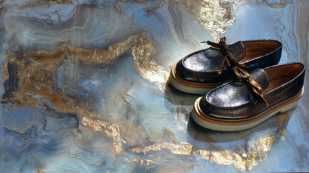 A stylish pair of brown leather shoes is showcased on a distinctive abstract background, blending shades of blue and gold for an eye-catching fashion statement.の素材