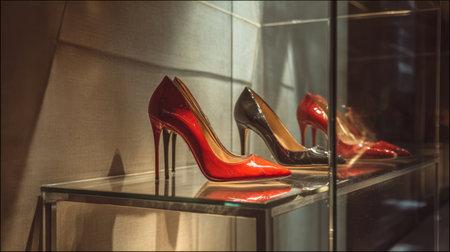 This captivating image showcases stylish high heels in red and black on a glass display, embodying luxury and elegance in a contemporary retail environment.の素材