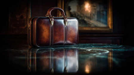 A sophisticated brown leather briefcase lies on a refined surface, reflecting soft ambient light while complementing the elegant decor of the classic interior.の素材