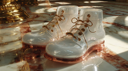 Elegant transparent boots with rose gold accents create a stylish look. Perfect for showcasing modern fashion in an upscale environment. Ideal for fashion-related projects.の素材