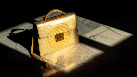 A beautifully crafted golden handbag rests on a marble surface, illuminated by soft light, showcasing its stylish design and luxurious texture. Perfect for fashion-themed content.の素材