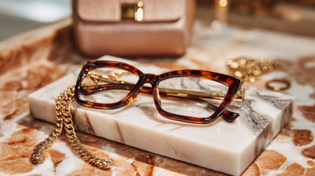A stylish pair of elegant eyeglasses rests on a marbled surface alongside a gold necklace and a chic handbag, creating a luxurious and fashionable display perfect for lifestyle photography.の素材