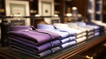 A collection of neatly folded dress shirts in various colors showcases the artistry of fashion retail. This boutique display offers inspiration for style and elegance in menswear choices.の素材