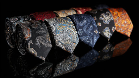 An exquisite collection of ties featuring intricate patterns and vibrant colors, arranged beautifully on a reflective surface, perfect for any stylish occasion or wardrobe enhancement.の素材