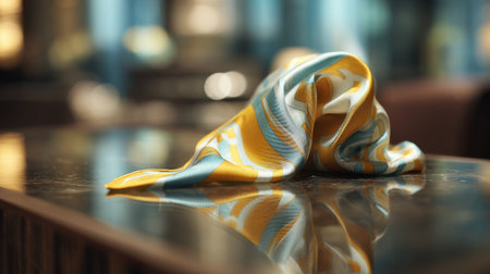 A vibrant silk fabric in yellow and blue tones is elegantly draped on a polished surface, reflecting a serene and stylish modern interior atmosphere perfect for decor and design inspiration.の素材
