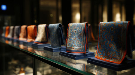 A stunning arrangement of colorful silk scarves in a chic display, highlighting luxurious fabrics and masterful designs that appeal to fashion lovers and discerning collectors.の素材