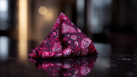 A beautifully folded handkerchief in striking red and black hues rests on a polished surface, reflecting a sophisticated atmosphere accentuated by soft bokeh.の素材