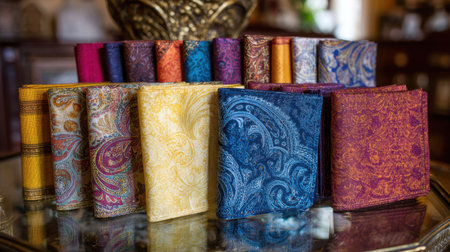 This image captures a stunning array of colorful fabric notebooks showcasing intricate patterns, perfect for writing or gifting in a stylish and cozy atmosphere.の素材