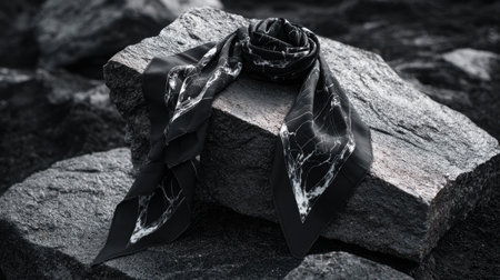 A beautifully styled silk scarf featuring an abstract marble design rests gracefully on natural rocks, creating a striking visual contrast that captures elegance and style.の素材