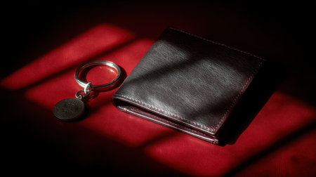 A stylish black wallet paired with a sleek keychain sits on a dark surface, illuminated by soft light and cast shadows, emphasizing a modern and elegant accessory concept.の素材