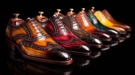 A stunning display of high-quality leather dress shoes in various rich colors, showcasing exquisite craftsmanship and elegant designs in a reflective setting.の素材