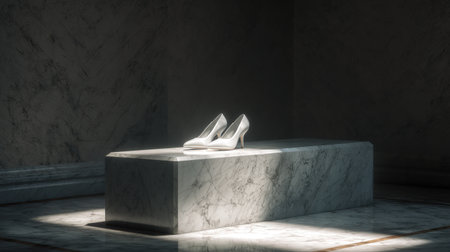 A stunning showcase of white high heels on a marble pedestal, illuminated by soft natural light, emphasizing the minimalist beauty and elegance of the footwear in an enchanting interior setting.の素材