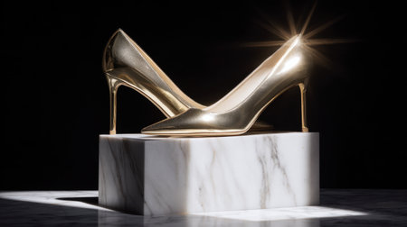 Stunning gold high heels elegantly placed on a marble pedestal, illuminated by soft lighting, perfect for showcasing luxury and fashion in photography.の素材