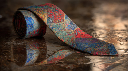 A beautifully crafted silk tie is elegantly rolled on a slick surface, showcasing vibrant colors and artistic patterns that reflect light and add sophistication to fashion photography.の素材