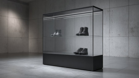 A minimalistic glass display case features stylish footwear, ideal for showcasing products in retail or exhibition settings. The sleek design enhances modern interiors.の素材