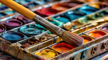 Detailed view of a watercolor palette filled with vibrant colors and a brush, showcasing the essence of creativity and artistic expression in the process of painting.の素材
