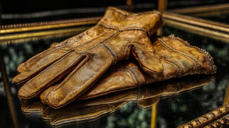 A pair of vintage leather gloves rests elegantly on a reflective surface, showcasing intricate stitching and timeless appeal, perfect for fashion or historical displays.の素材