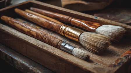 This image showcases a collection of artistic brushes arranged in a rustic wooden box, highlighting the beauty of craftsmanship and creativity in a cozy studio environment.の素材