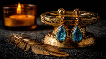 Stunning gold teardrop earrings with vibrant blue stones elegantly arranged beside a flickering candle, showcasing luxury and style against a rich, dark backdrop.の素材