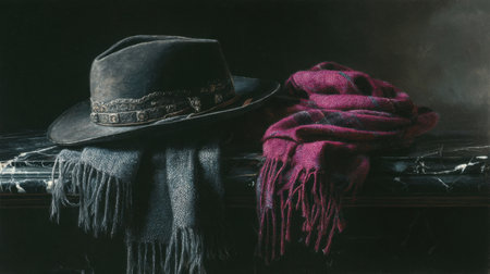 This still life image captures a stylish black hat and a bright pink scarf resting on a dark surface, showcasing cozy winter fashion and versatile accessories in elegant detail.の素材