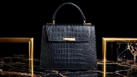 A stunning dark crocodile leather handbag elegantly positioned on a polished marble surface, enhanced by sophisticated studio lighting, ideal for fashion displays.の素材