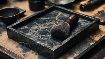 A beautifully arranged black marble tray featuring a shaving brush sits atop a vintage workbench, surrounded by antique tools, evoking a sense of craftsmanship and timeless elegance.の素材