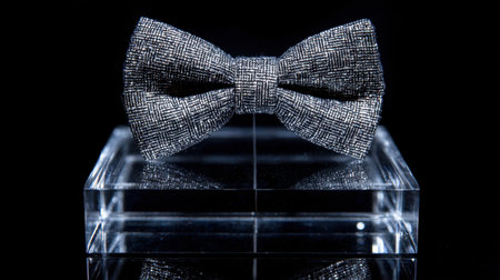 Capture the essence of elegance with this stylish silver bow tie displayed on a clear stand, perfect for showcasing premium accessories for formal occasions.の素材
