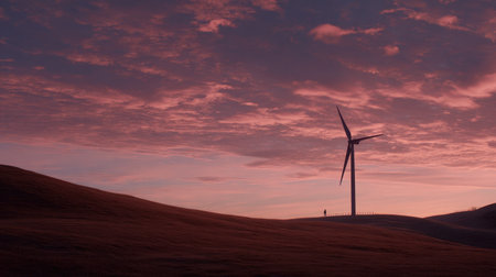 A stunning sunset scene showcasing a figure strolling near a wind turbine, surrounded by rolling hills under a spectacular sky filled with colorful clouds.の素材